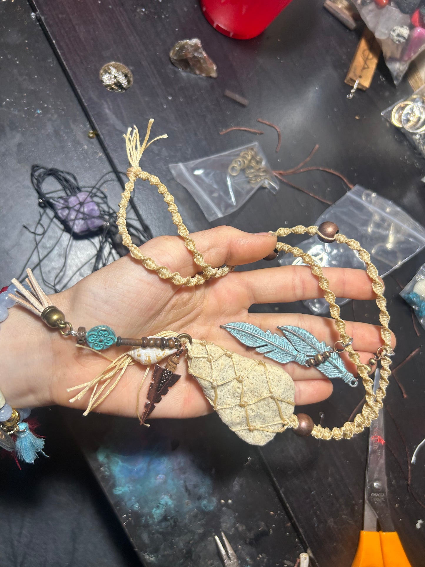 foraged coral macrame necklace