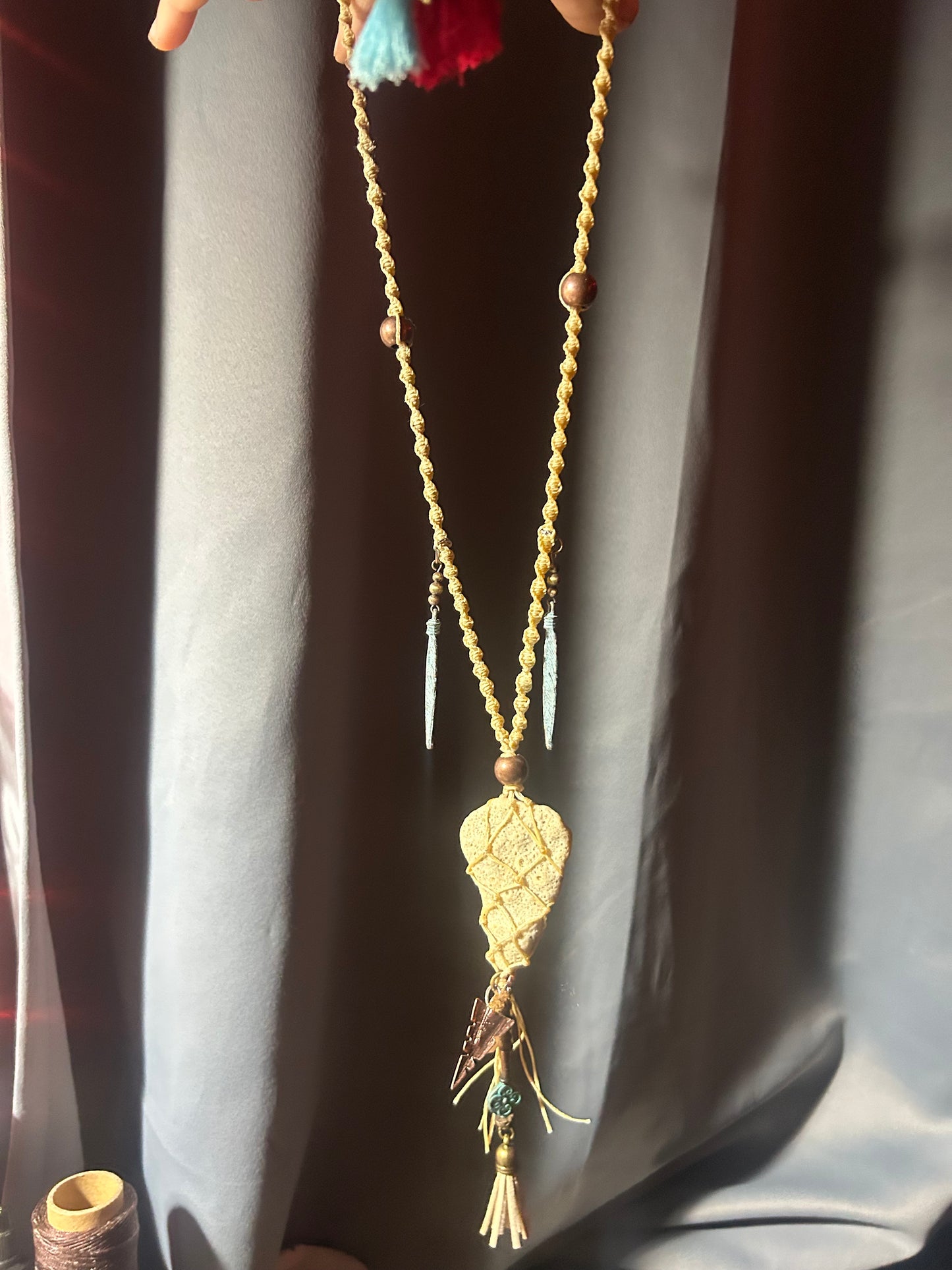foraged coral macrame necklace